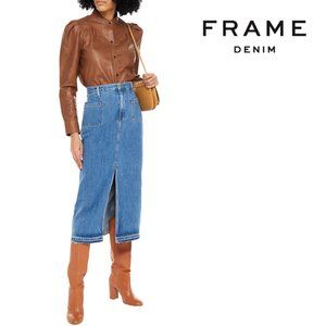 Frame Le Bardot Frayed Denim Midi Skirt